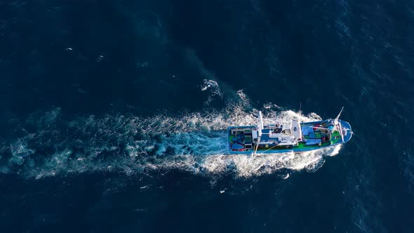 Top View of a Fishing Boat Sailing in the Atlantic Ocean