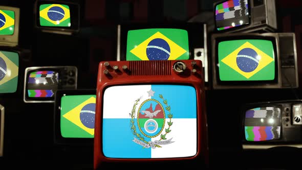 Flag of Rio de Janeiro State and Brazil flags on Retro TVs.