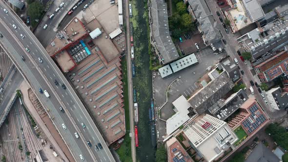 Top down drone shot over peaceful London canal system with narrow boats