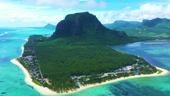 Aerial view of Mauritius island panorama and famous Le Morne Brabant mountain, beautiful blue lagoon