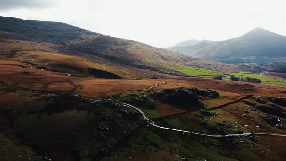 Aerial pass over the road to Snowdonia.  Snowdonia,Wales,UK