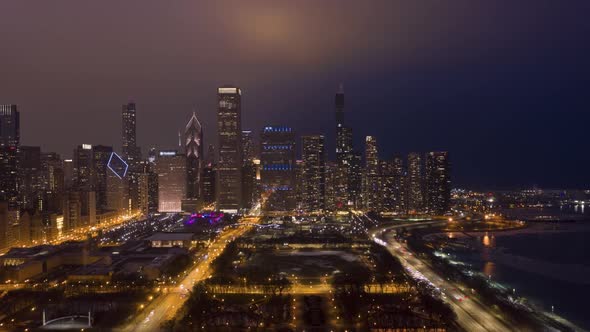 Urban Cityscape of Chicago at Night in Winter