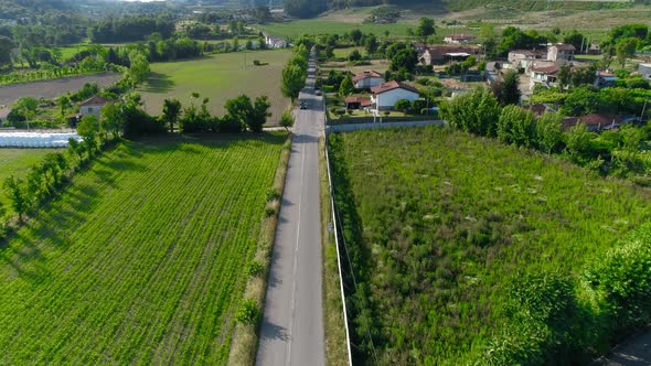 Country side road with cars and fields