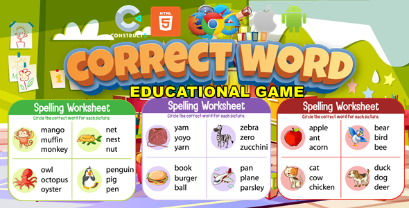 Correct Word For Kids - Educational Game - Html5/Mobile (C3P)