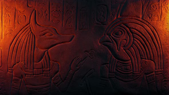 Ancient Egypt Wall Carving Lit Up With Fire