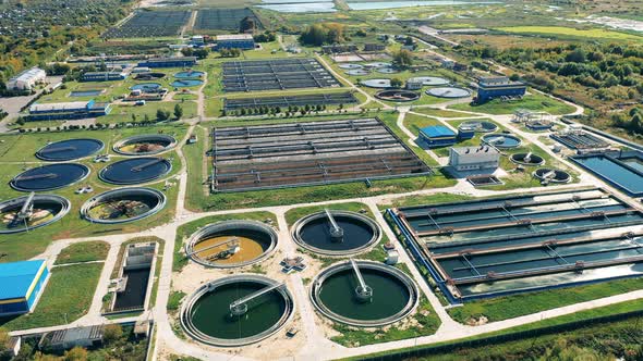 Waste Water Treatment Plant, Wastewater Treatment Complex Filmed From Above