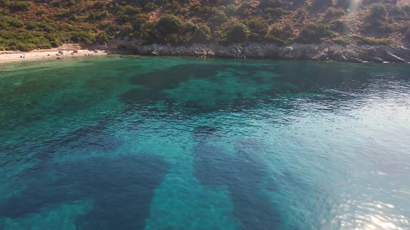 Aerial Coastline of Datca with Deep and Crystal Blue Cove and Turquoise Water