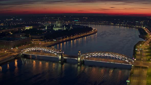 Night Flight Over The Neva River And Bolsheokhtinsky Bridge