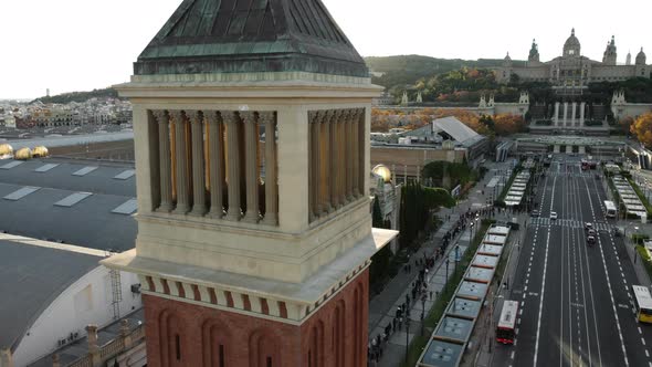 Venetian Towers and National Art Museum of Catalonia in Barcelona Aerial