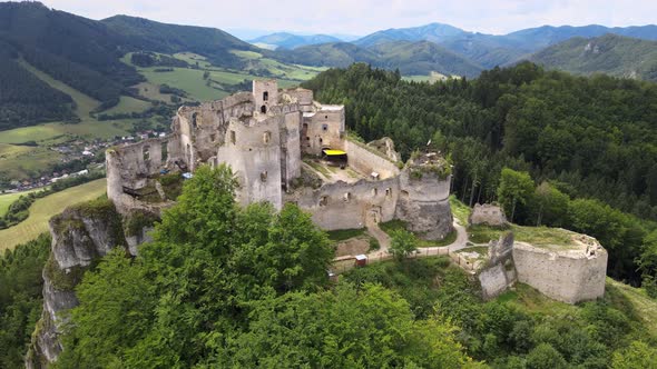 Aerial view of the castle in the village of Lietava in Slovakia