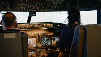 Team of captain and woman copilot fixing altitude and longitude