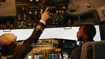 Team of diverse captain and copilot preparing to takeoff