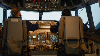 Plane captain and woman copilot fixing altitude on dashboard