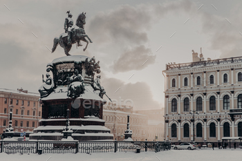 n Saint Petersburg at Russia. Historical monument during winter weather. Snowy view. City`s landmarks.