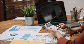 p for do math finance on wooden desk in office and business working background, tax, accounting, statistics and analytic research concept