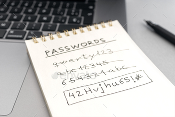 g a weak easy Password for a strong one. Handwritten text on notepad on laptop