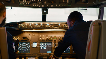 Diverse team of captain and copilot in cockpit flying airplane