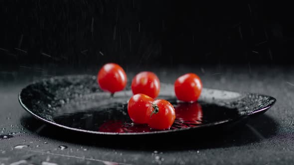 Fresh Tomatoes Fall with Water on a Plate Red Vegetables on Black Background Super Slow Motion