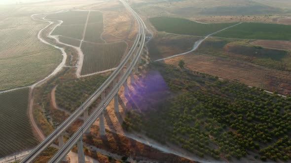Tall bridges in the Judea valleys of Israel, aerial drone view