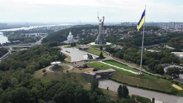 Kyiv - National Flag of Ukraine By Day. Aerial View. Kiev. Slow Motion