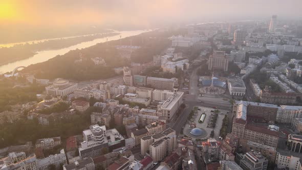 Kyiv Kiev Ukraine at Dawn in the Morning. Aerial View