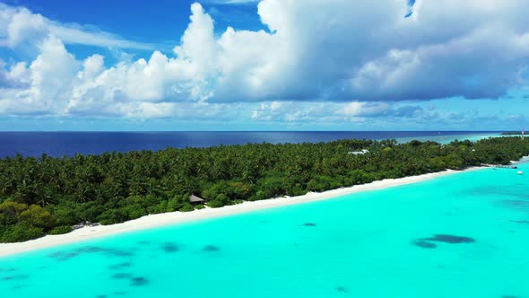 Tropical birds eye island view of a paradise sunny white sand beach and blue ocean background in vib