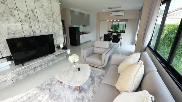 Luxury and Elegance White. Grey and Black Open Plan Home Decoration Idea