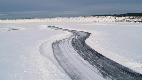 Aerial View of a Racing Car at an Ice Rally
