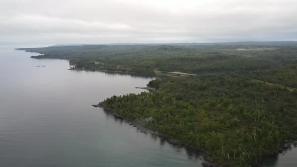 beautiful landscape aerial view of north shore minnesota during summer time on a cloudy afternoon