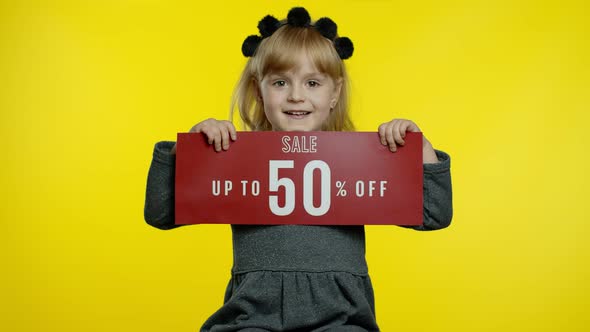 Child Girl Showing Up To 50 Percent Off Sale Inscription, Advertising Discounts. Black Friday