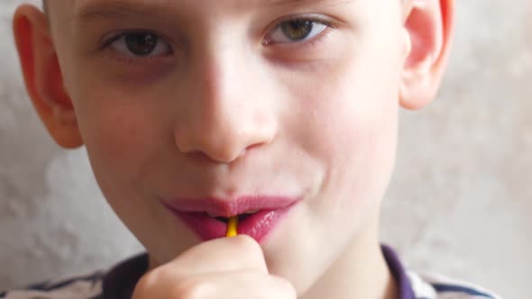 smiling caucasian boy 7-8 years old looks at the camera and eats a sweet candy on a stick chupa chup