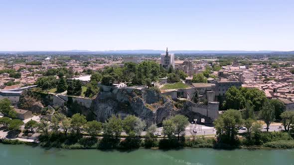 Aerial view of "Rocher des Doms" (Doms Rock) hill and gardens in Avignon, France