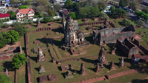 Aerial View of Wat Phrasi Rattana Mahathat Ruin Temple in Lopburi Thailand