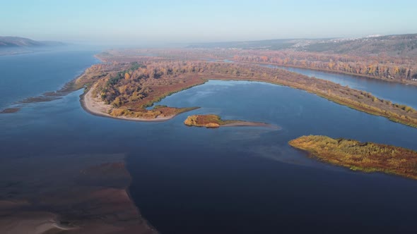 Aerial view of the islands and channels of the Volga river.