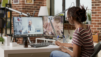 call conference, using computer with webcam to do medical consultation on online videoconference. Remote telemedicine virtual meeting.