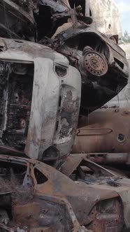 Vertical Video of Wartorn Cars in Ukraine