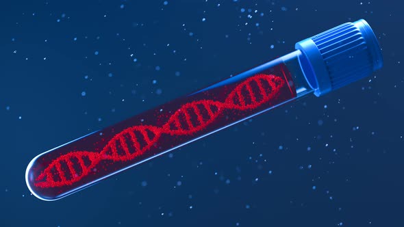 Isolated glass test tube with blood and rotating DNA double helix. Biotechnology