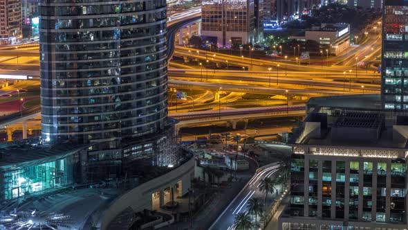 Aerial View of Highway Interchange in Dubai Downtown Night Timelapse