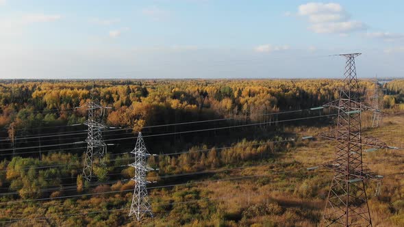 Power Line Towers in Field Against Brown Autumn Forest