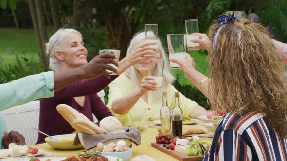 Animation of diverse happy senior female and male friends eating lunch in garden, toasting