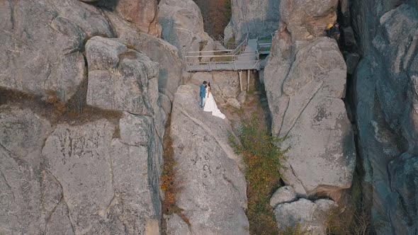 Newlyweds Stand on a High Slope of the Mountain, Groom and Bride, Arial View