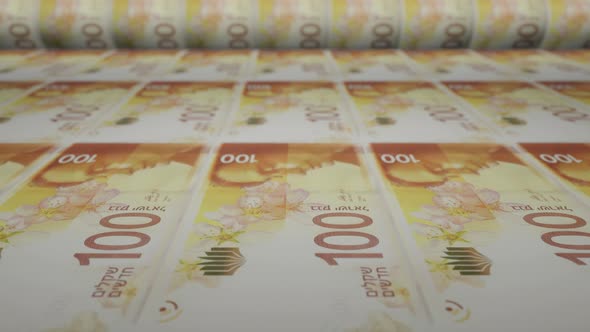 Israeli 100 shekels bills on money printing machine. Video of printing cash.