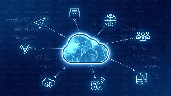 Blue cloud storage connection and data transfer to multi devices futuristic technology background