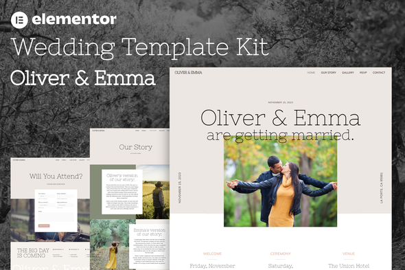 Oliver & Emma - Wedding Event Invitation Elementor Template Kit