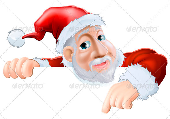 Happy cartoon Santa pointing down