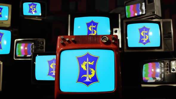 Flag of Surabaya, Indonesia, on Retro TVs.