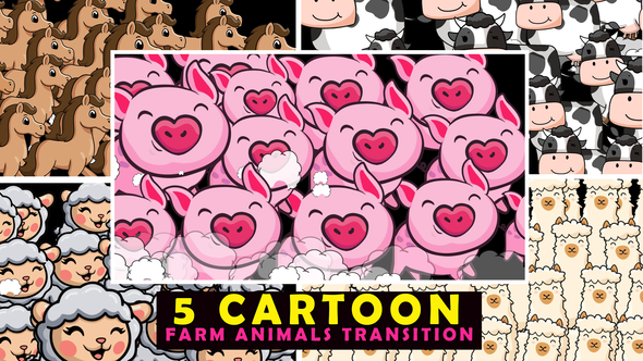 5 Cartoon Animals Transition With Sheep Cow Lllama Horse Pig