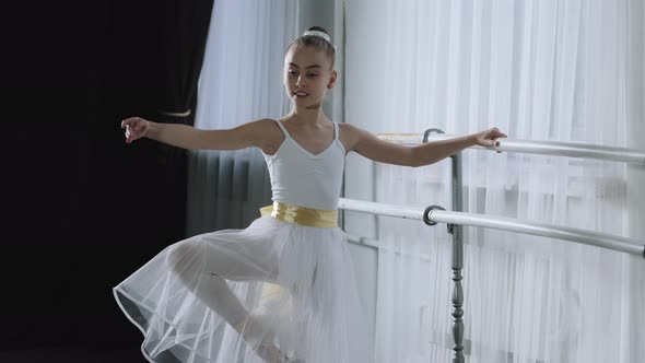 Caucasian Artistic Flexible Professional Ballerina Teenager Girl in Tutu Near Ballet Barre Doing