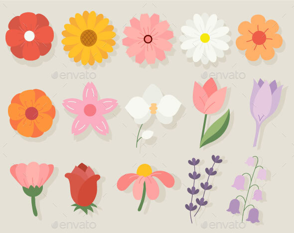 Set of Colorful Cartoon Flowers on A Light Brown Background
