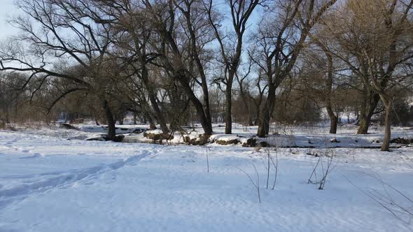 The Drone Flies Low Above The Ground Towards The River.